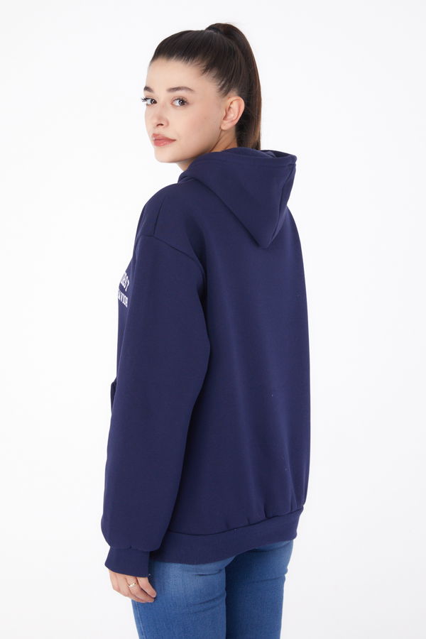 Düz Kapşonlu Yaka Kadın Lacivert Baskılı Sweatshirt - 26279 LACİVERT
