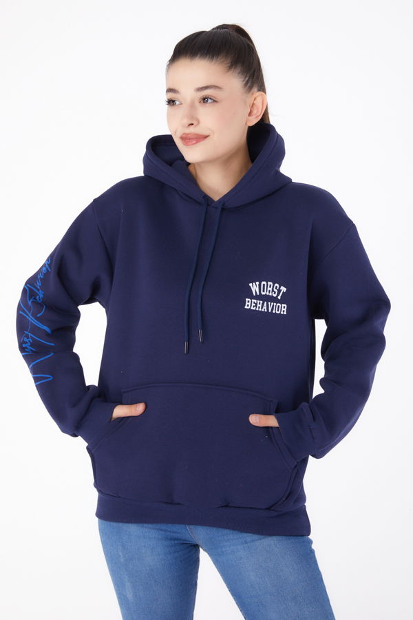 Düz Kapşonlu Yaka Kadın Lacivert Baskılı Sweatshirt - 26279 LACİVERT