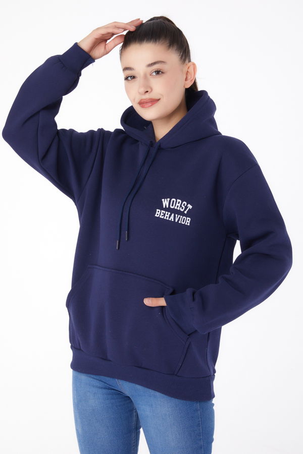 Düz Kapşonlu Yaka Kadın Lacivert Baskılı Sweatshirt - 26279 LACİVERT