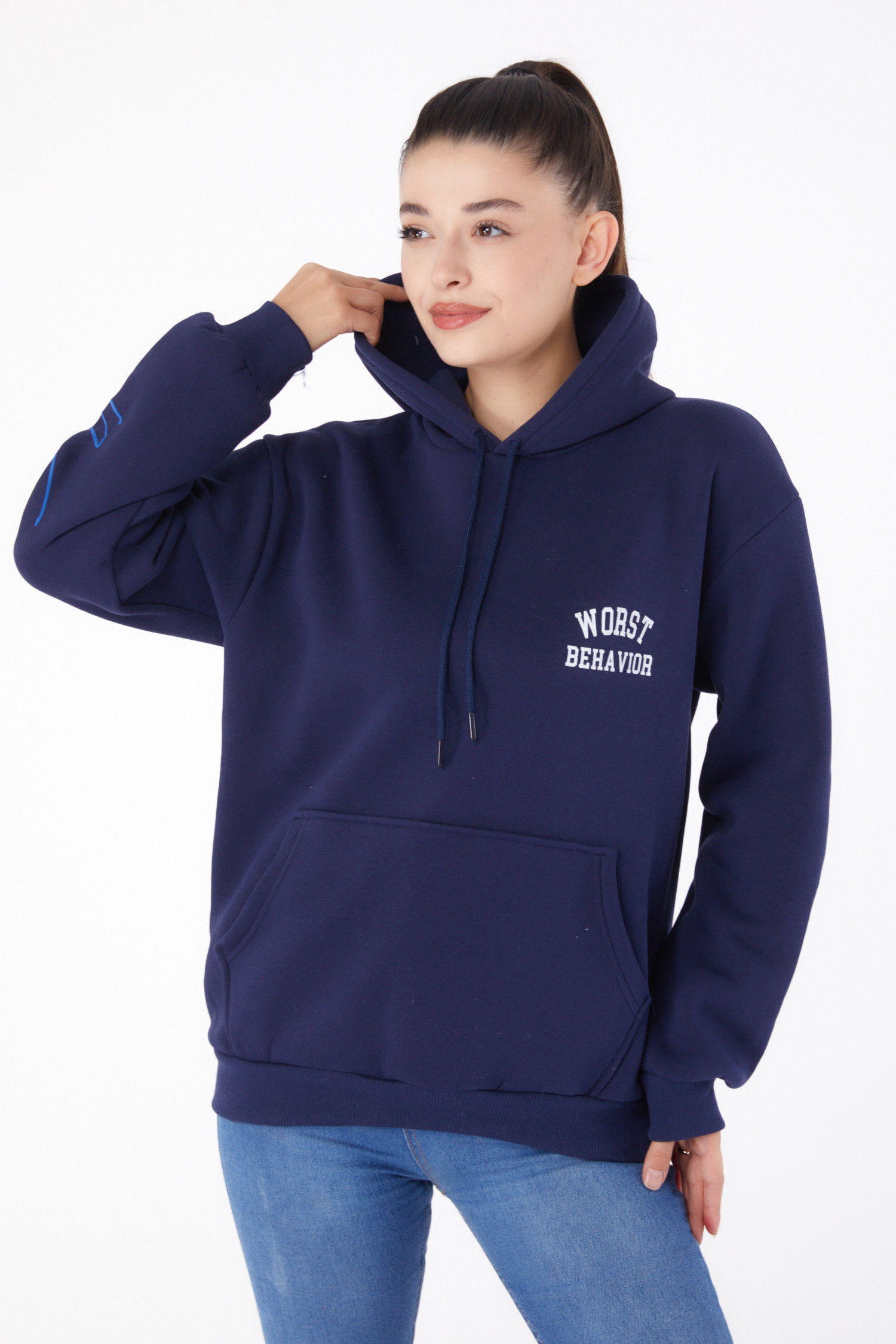 Düz Kapşonlu Yaka Kadın Lacivert Baskılı Sweatshirt - 26279 LACİVERT