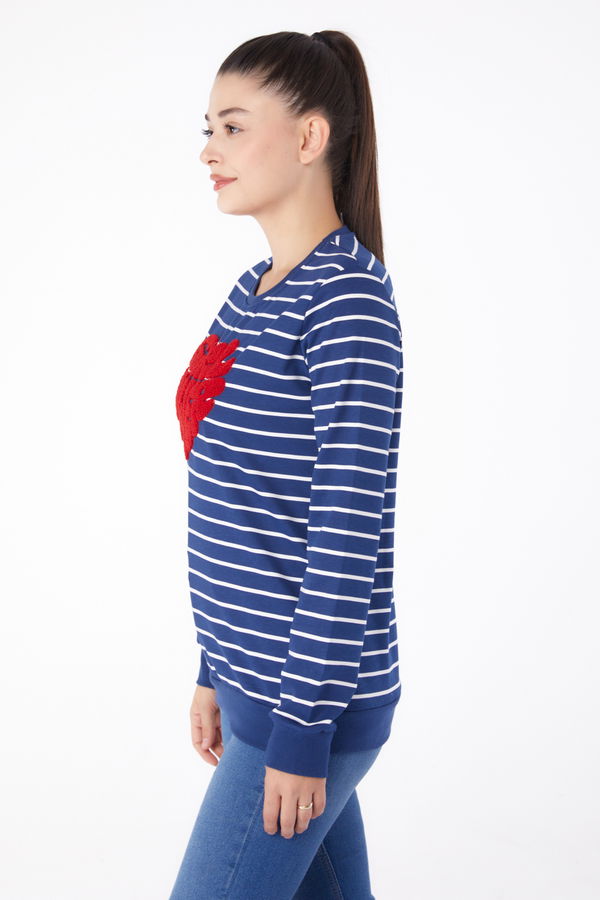 Düz Bisiklet Yaka Kadın Lacivert Nakışlı Sweatshirt - 26288