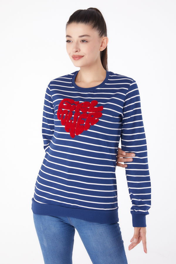 Düz Bisiklet Yaka Kadın Lacivert Nakışlı Sweatshirt - 26288