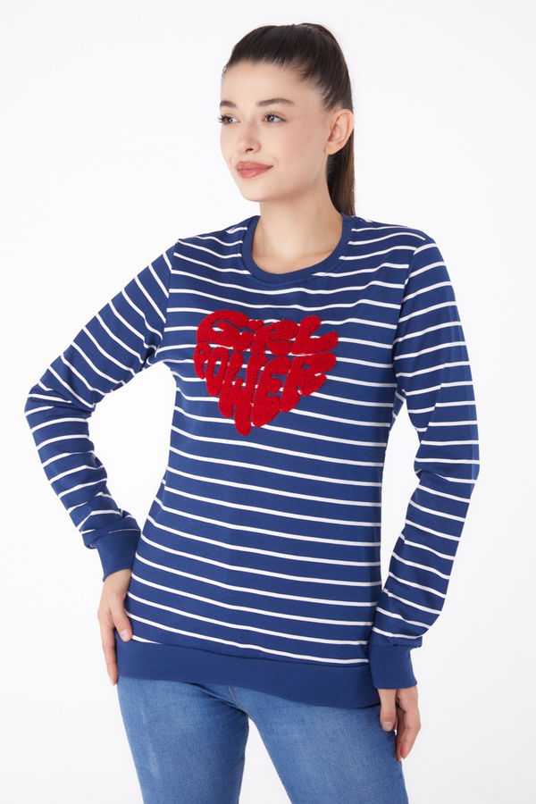 Düz Bisiklet Yaka Kadın Lacivert Nakışlı Sweatshirt - 26288