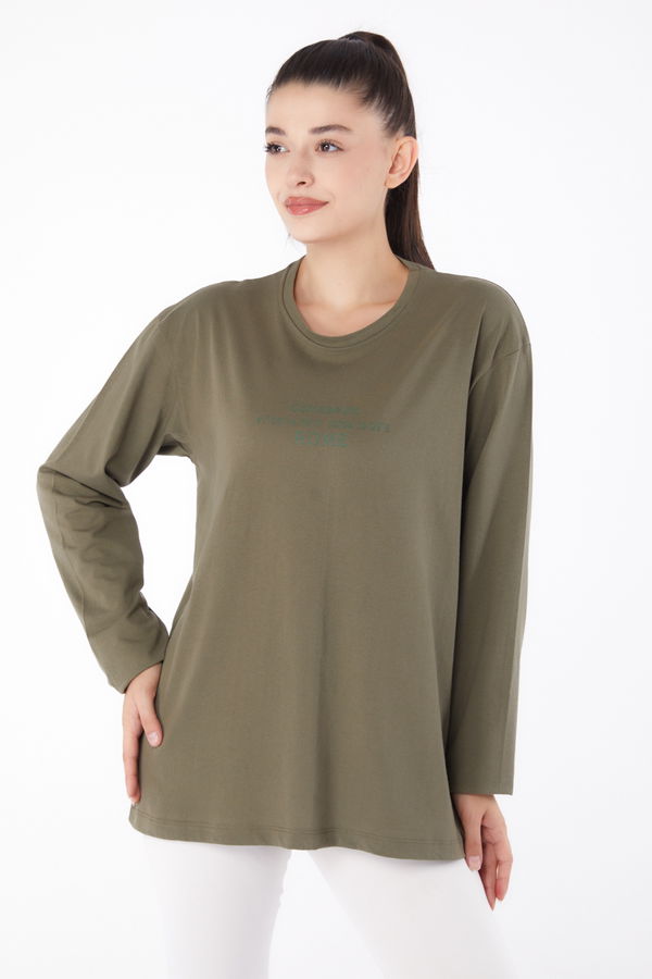 Düz Orta Kadın Haki Baskılı Sweat - 26264 HAKİ