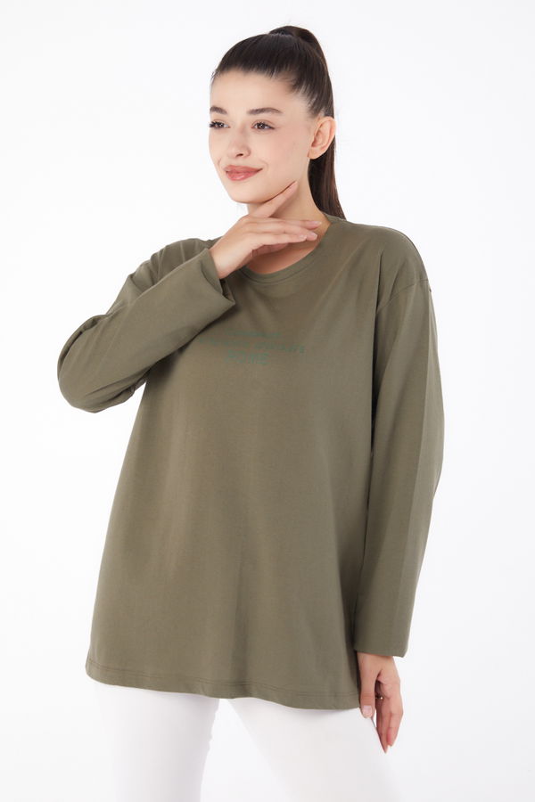 Düz Orta Kadın Haki Baskılı Sweat - 26264 HAKİ