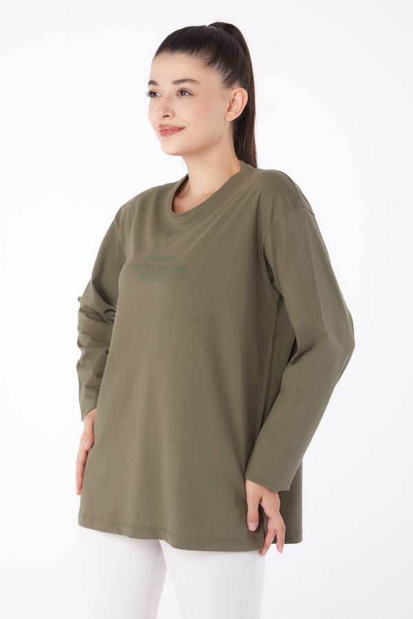 Düz Orta Kadın Haki Baskılı Sweat - 26264 HAKİ