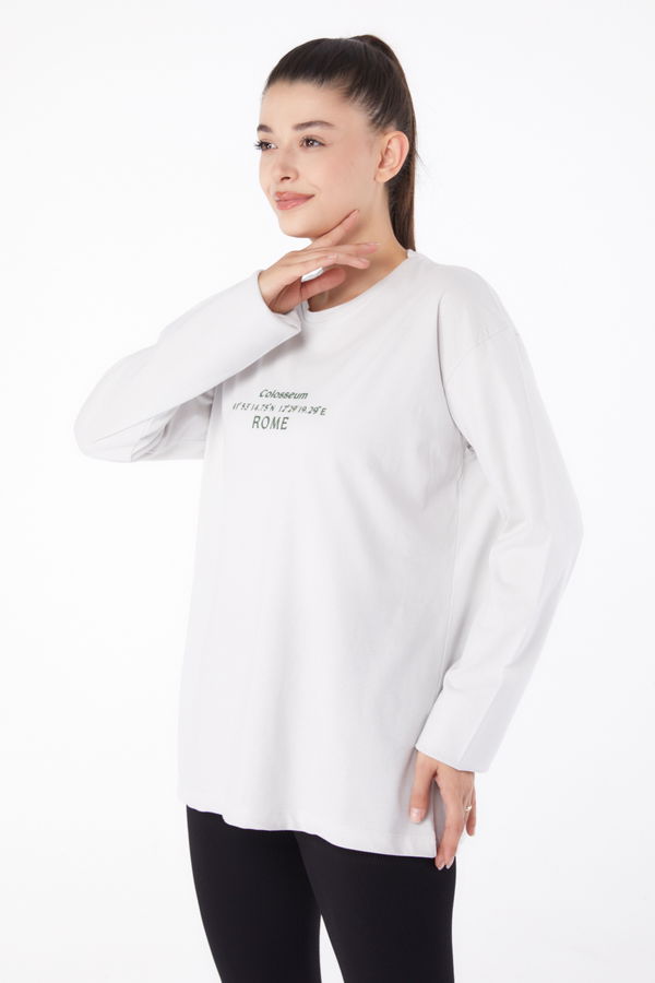 Düz Orta Kadın Bej Baskılı Sweat - 26264 BEJ