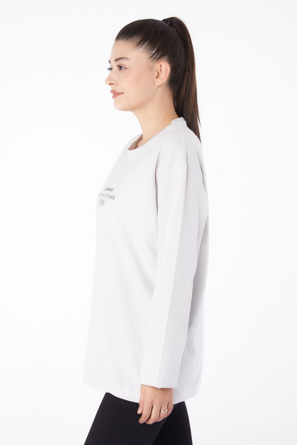 Düz Orta Kadın Bej Baskılı Sweat - 26264 BEJ