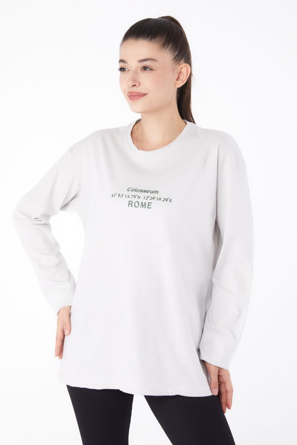 Düz Orta Kadın Bej Baskılı Sweat - 26264 BEJ