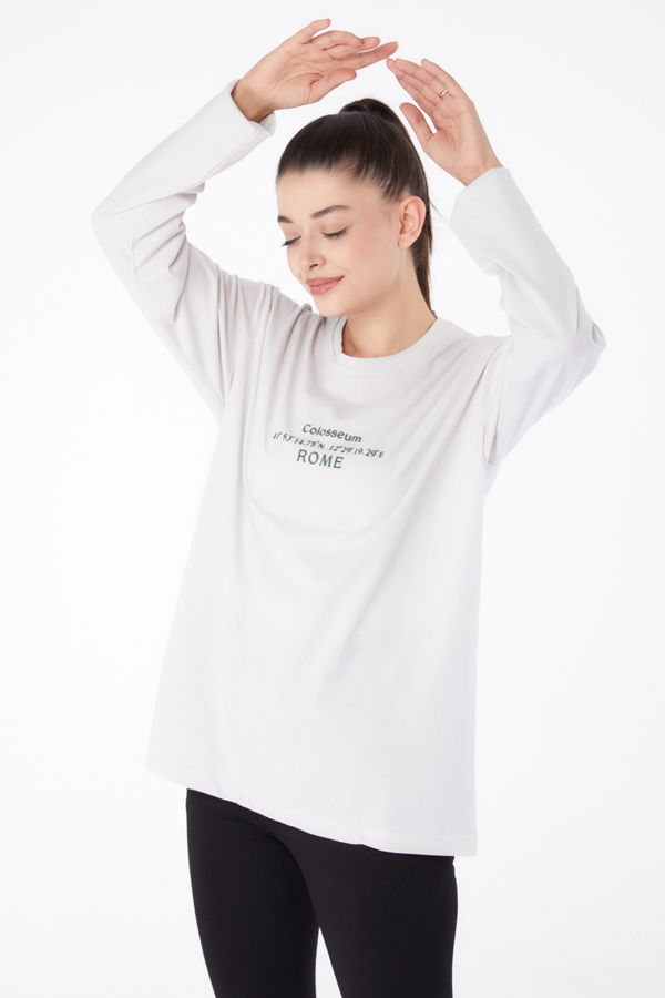 Düz Orta Kadın Bej Baskılı Sweat - 26264 BEJ