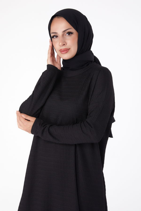 Düz Bisiklet Yaka Kadın Siyah Elbise - 26280
