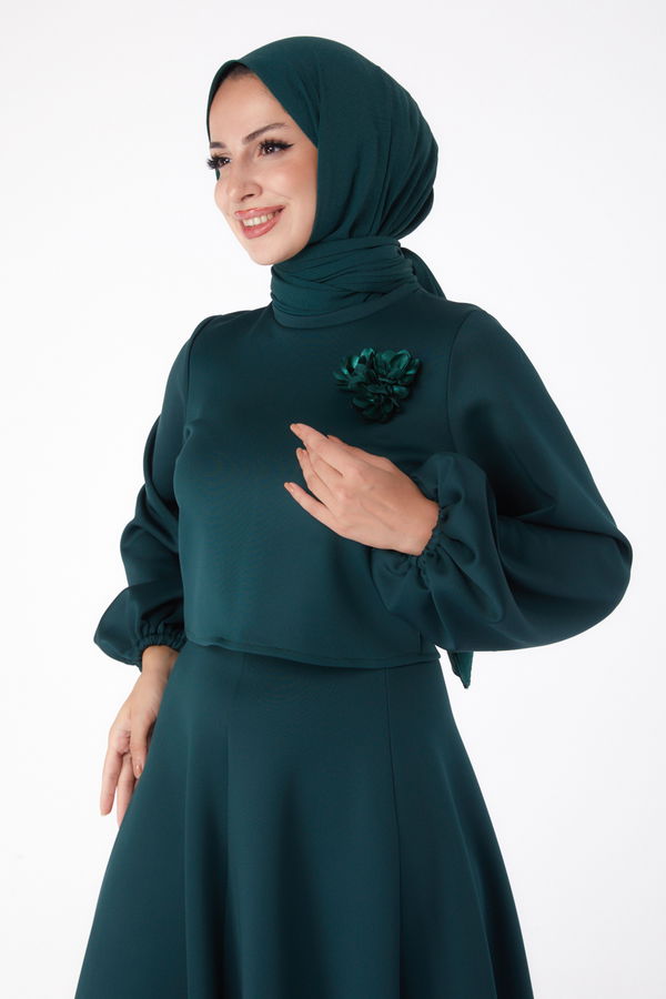 Düz Bisiklet Yaka Kadın Yeşil Etek + Bluz - 24066