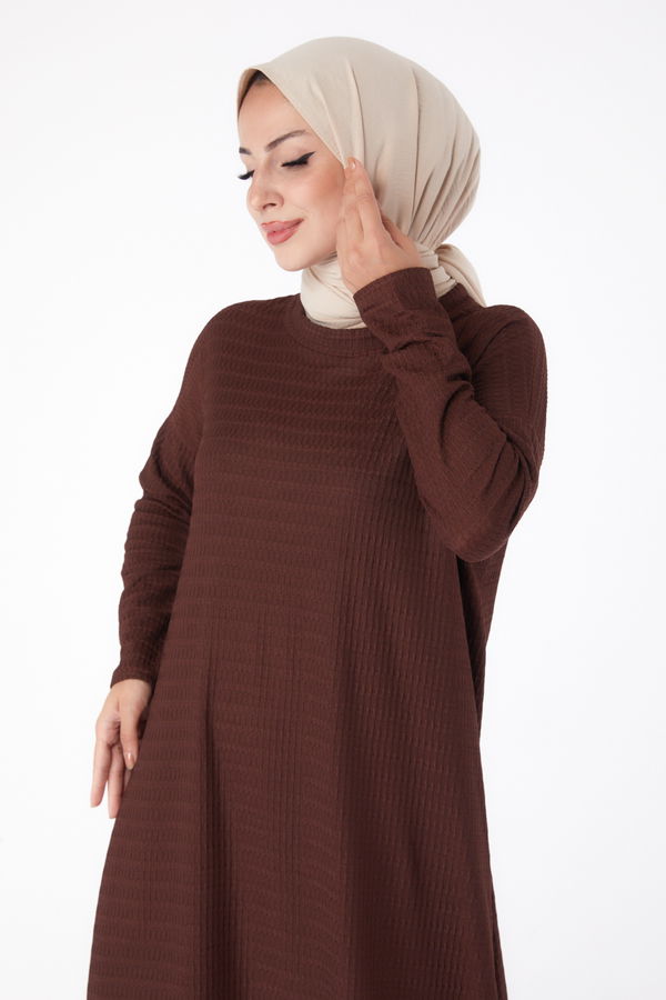 Düz Bisiklet Yaka Kadın Kahverengi Elbise - 26280