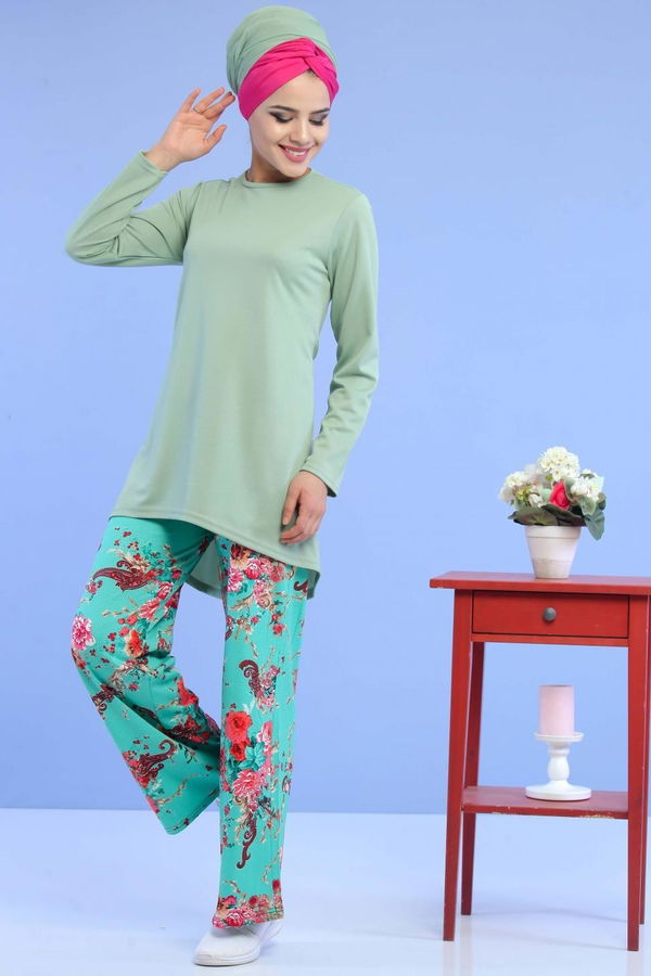 Düz Orta Kadın Yeşil Tunik Pantolon Mint  - 6933