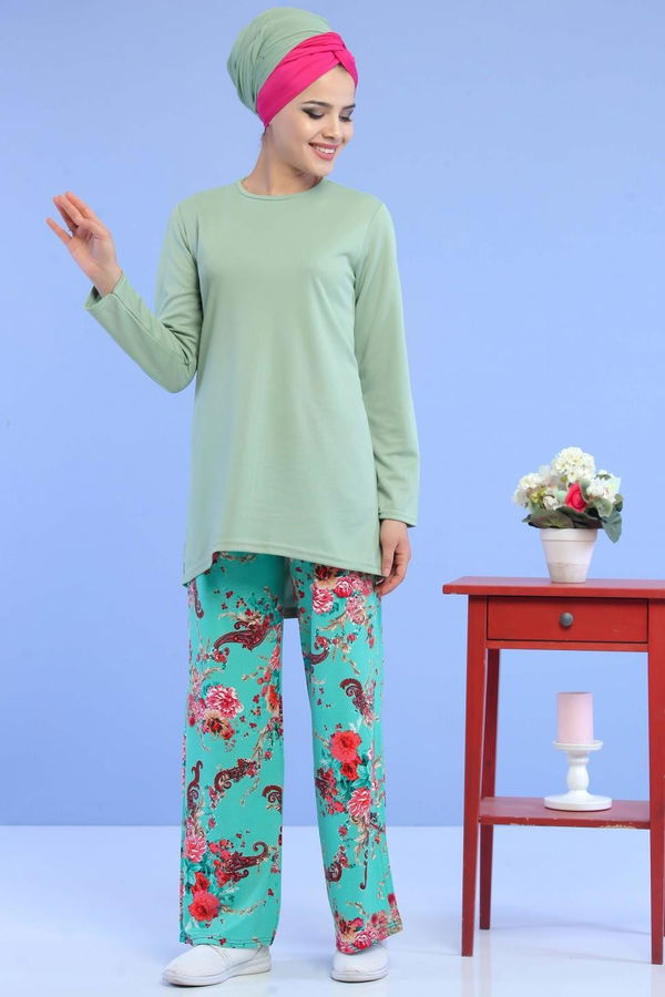 Düz Orta Kadın Yeşil Tunik Pantolon Mint  - 6933