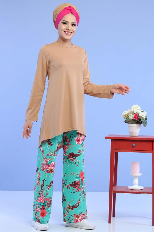 Düz Orta Kadın Yeşil Tunik Pantolon Mint Vizon - 02 6933 - 6933