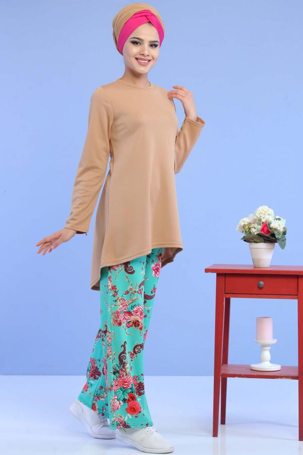 Düz Orta Kadın Yeşil Tunik Pantolon Mint Vizon - 02 6933 - 6933