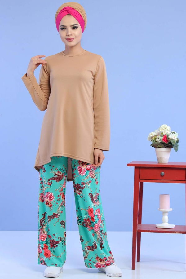 Düz Orta Kadın Yeşil Tunik Pantolon Mint Vizon - 02 6933 - 6933