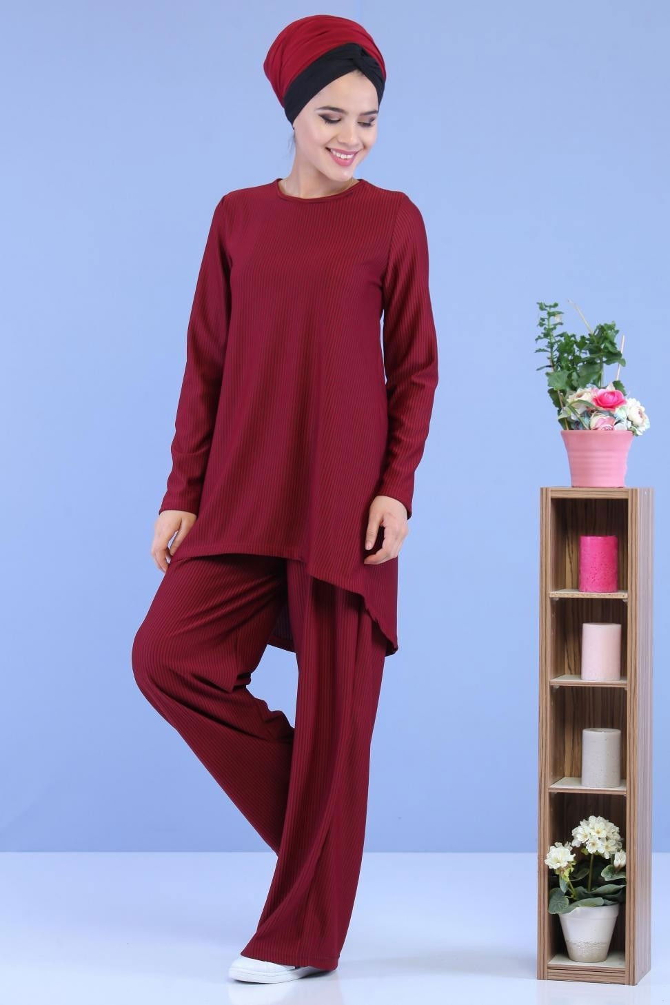 Düz Orta Kadın Bordo Tunik Pantolon Bordo - 02 7090 - 7090