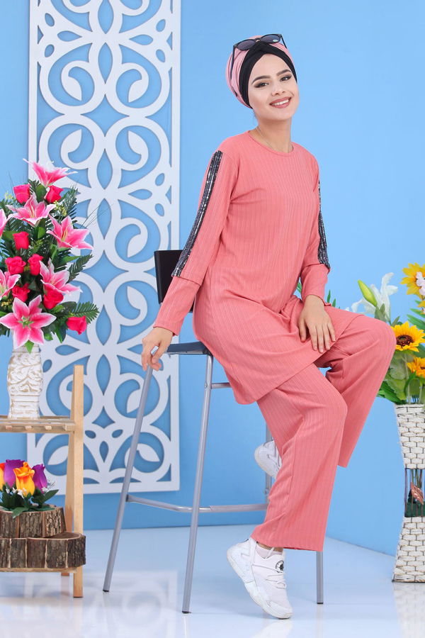 Düz Orta Kadın Pembe Tunik Pantolon Gülkurusu - 02 7372 - 7372