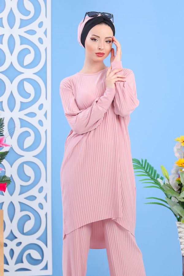 Düz Orta Kadın Pembe Tunik Pantolon Pudra - 02 7404 - 7404