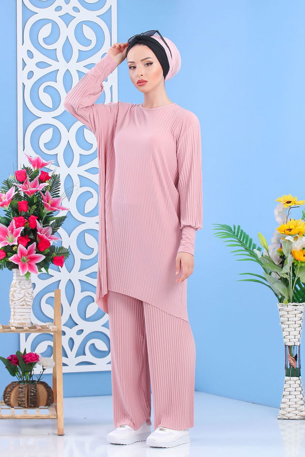 Düz Orta Kadın Pembe Tunik Pantolon Pudra - 02 7404 - 7404