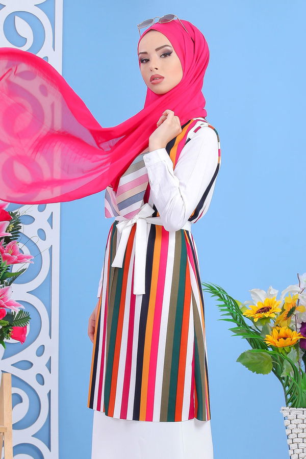 Düz Orta Kadın Beyaz Yelek Etek Kombin Beyaz 02 7464 - 7464