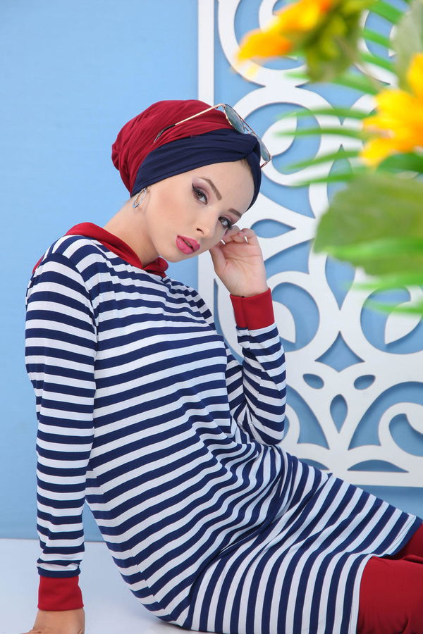 Düz Orta Kadın Bordo Tunik Pantolon Takım Siyah Saks  - 7628