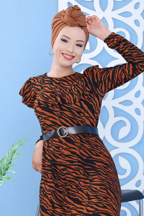 Düz Orta Kadın Taba Leopar Desen Elbise Taba - 02 7315 - 7315