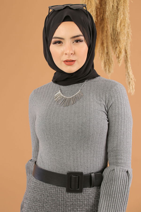Düz Orta Kadın Antrasit Bluz Etek Kombin Antrasit Gri - 8253 - 8253