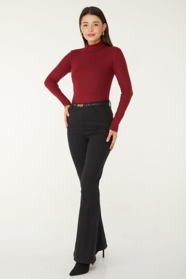 Düz Balıkcı Yaka Kadın Bordo Fitilli Badi - 26537