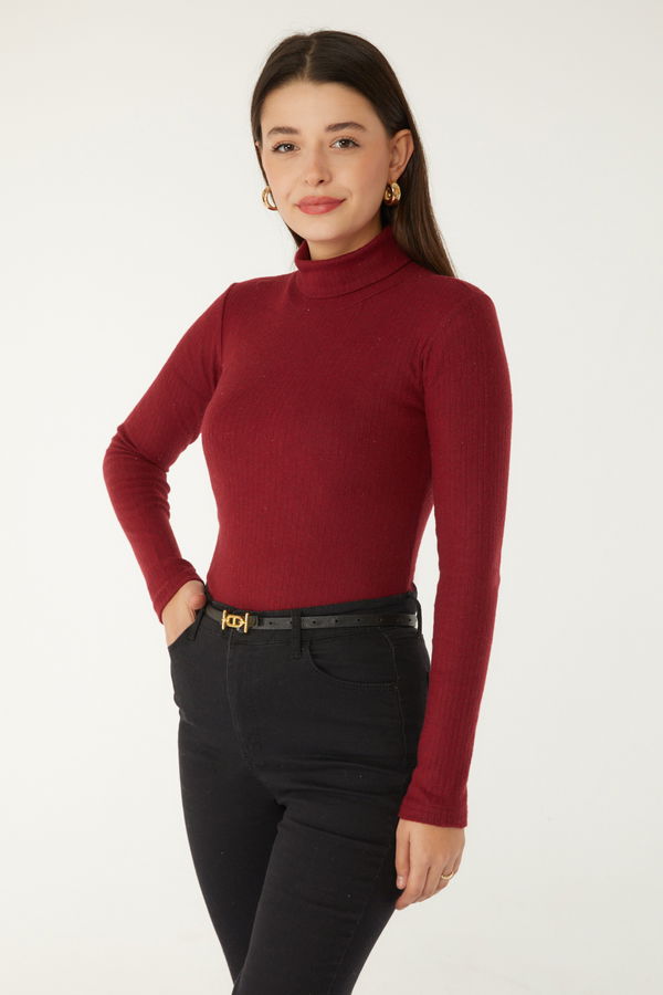 Düz Balıkcı Yaka Kadın Bordo Fitilli Badi - 26537