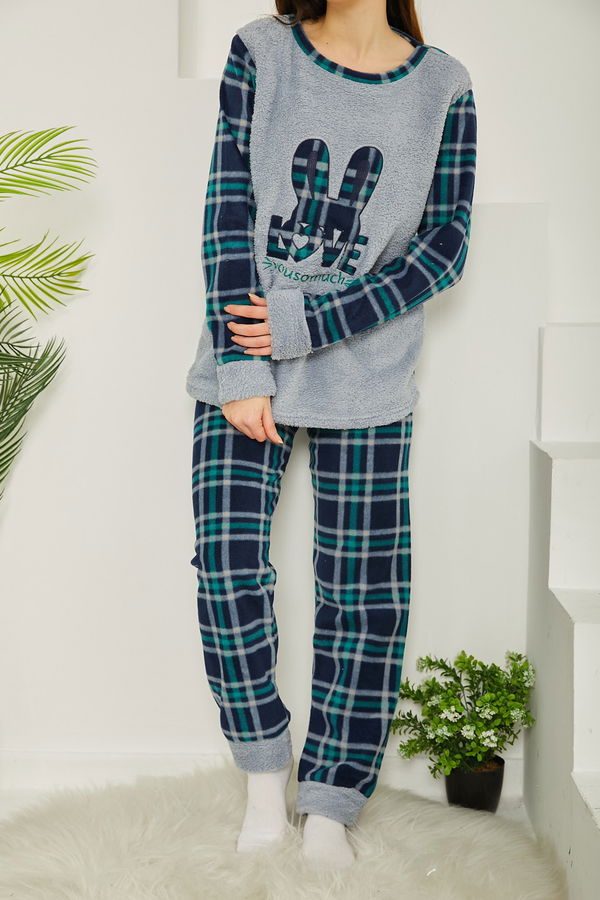 Nakışlı Peluş Polar Pijama Takım Gri - 26776