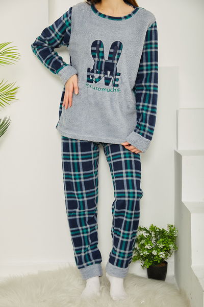 Nakışlı Peluş Polar Pijama Takım Gri - 26776