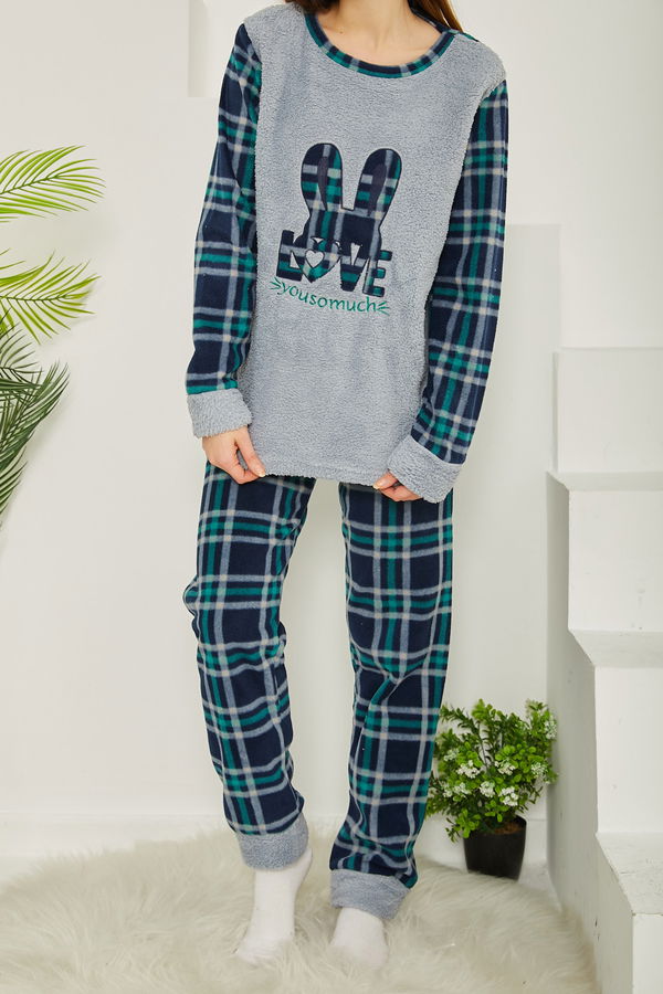 Nakışlı Peluş Polar Pijama Takım Gri - 26776