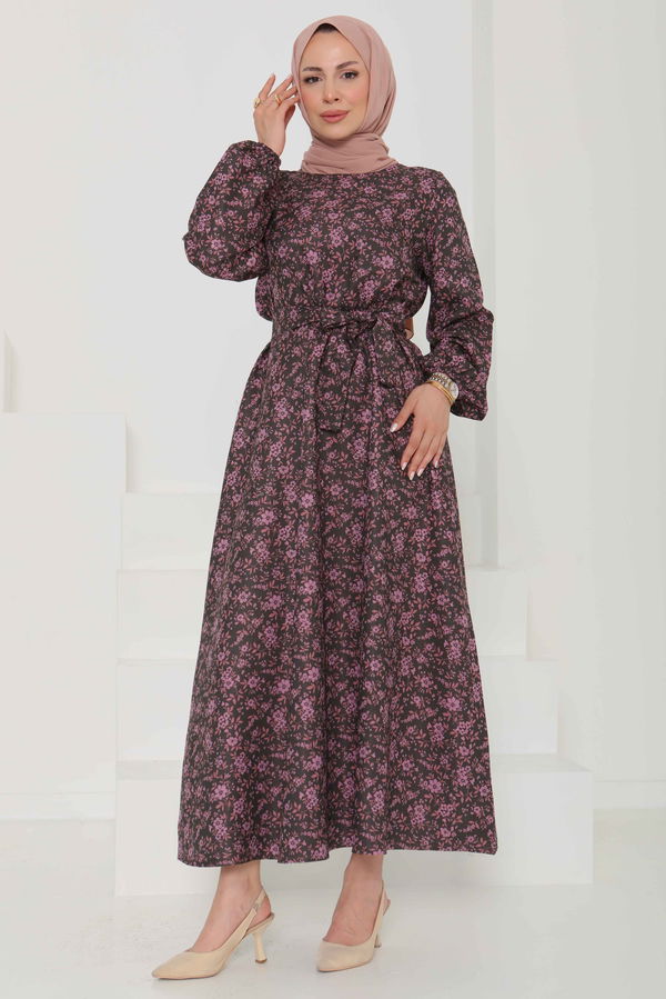 Çiçek Desenli Kuşaklı Elbise - 27102