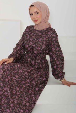 Çiçek Desenli Kuşaklı Elbise - 27102