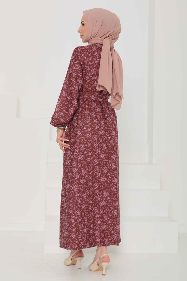 Çiçek Desenli Kuşaklı Elbise - 27102