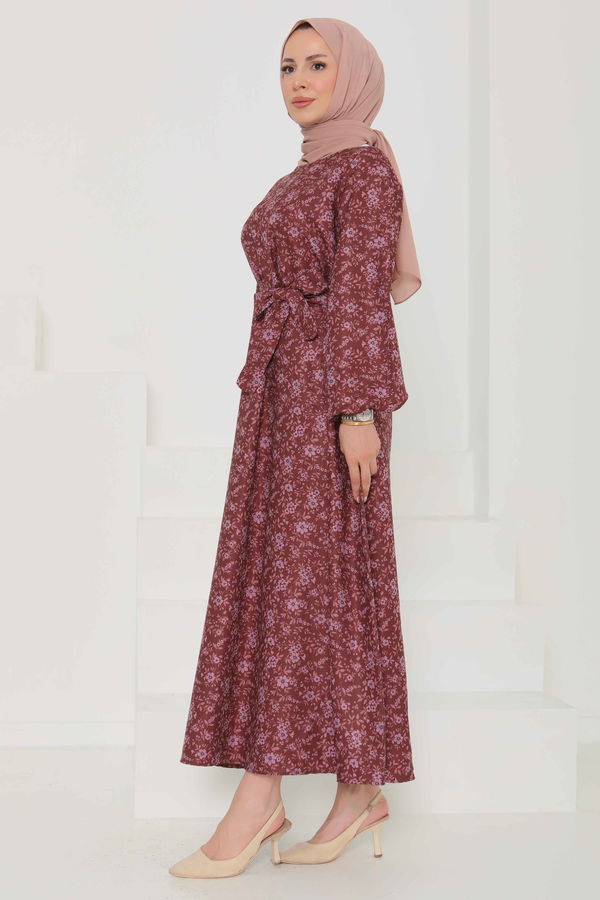 Çiçek Desenli Kuşaklı Elbise - 27102