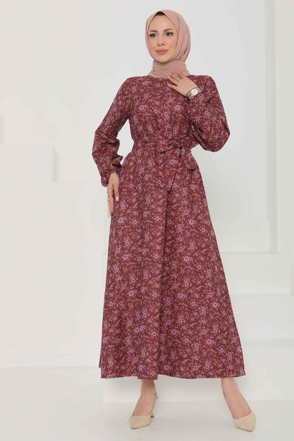 Çiçek Desenli Kuşaklı Elbise - 27102