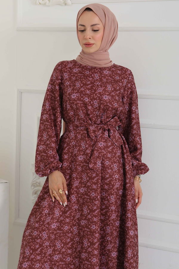 Çiçek Desenli Kuşaklı Elbise - 27102