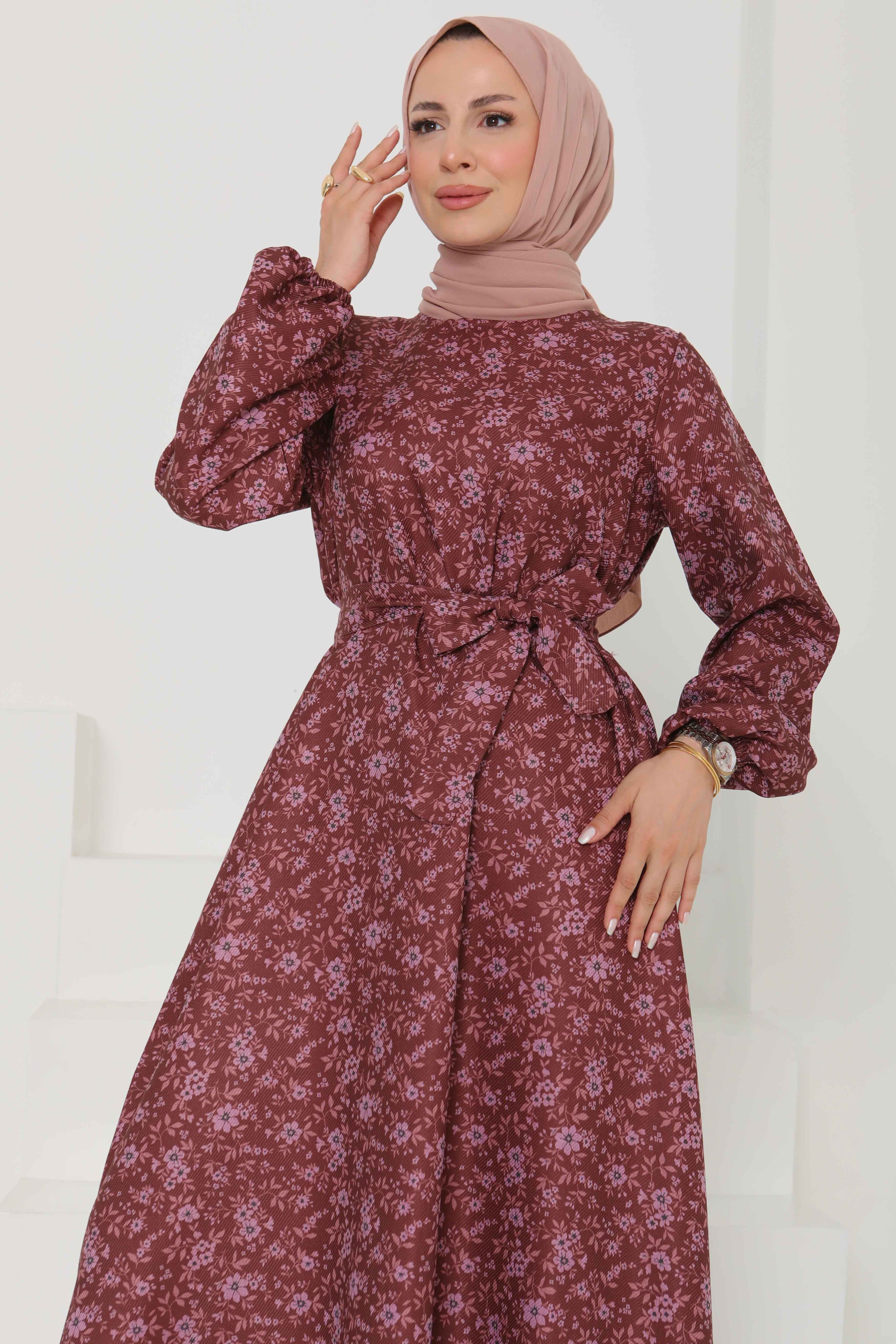 Çiçek Desenli Kuşaklı Elbise - 27102