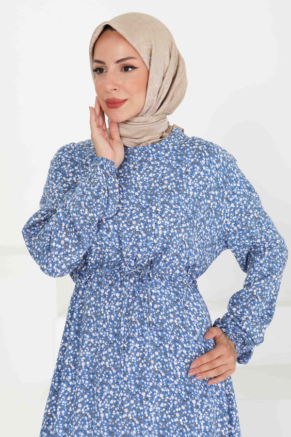 Tünel Kuşaklı Desenli Elbise - 27423 MAVİ