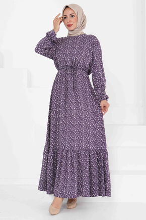 Tünel Kuşaklı Desenli Elbise - 27423