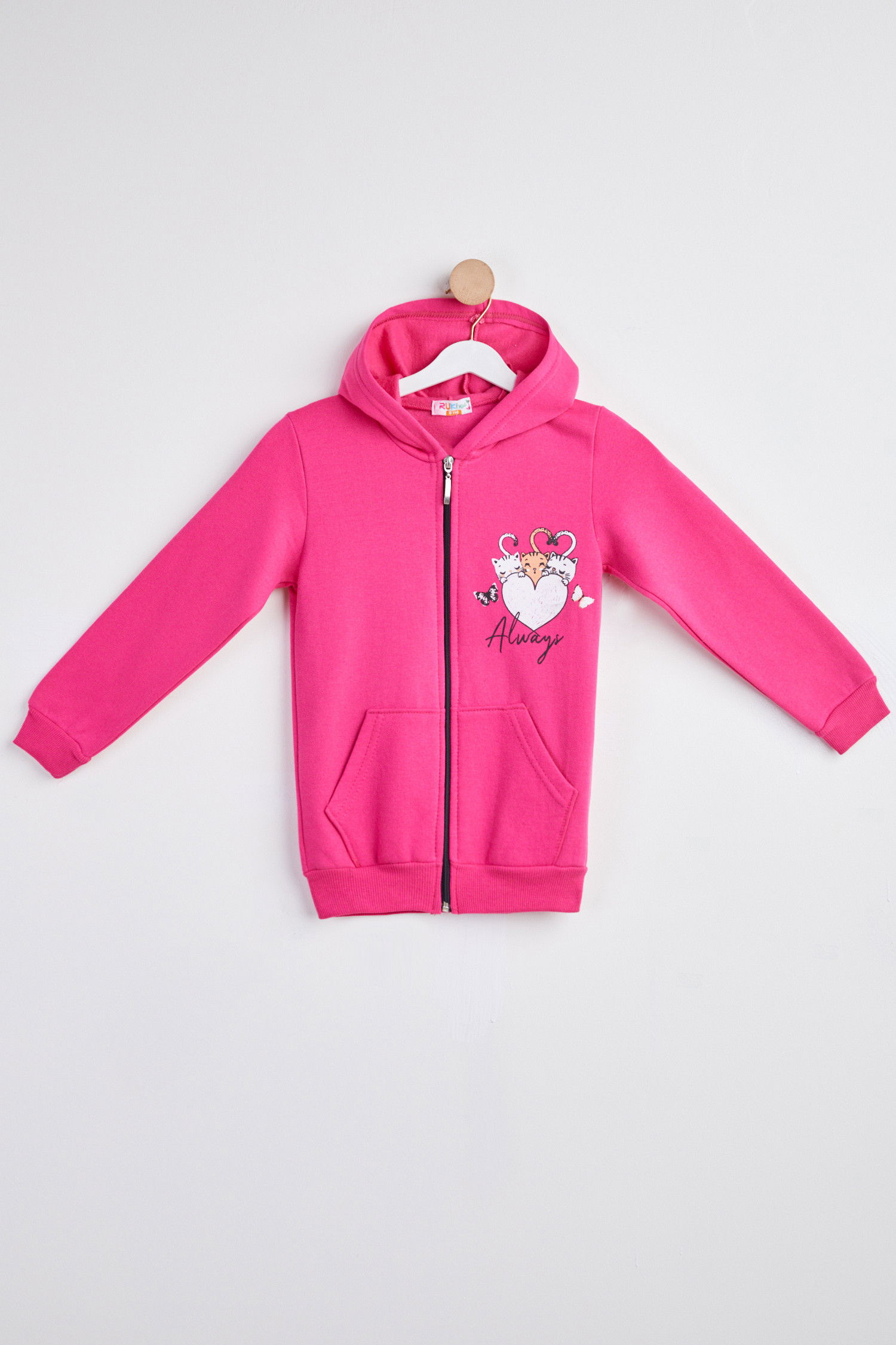 Kız Çocuk Fuşya Baskılı Kapşonlu sweatshirt - 24254 FUŞYA