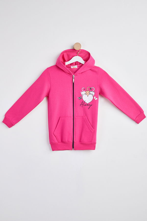 Kız Çocuk Fuşya Baskılı Kapşonlu sweatshirt - 24254 FUŞYA