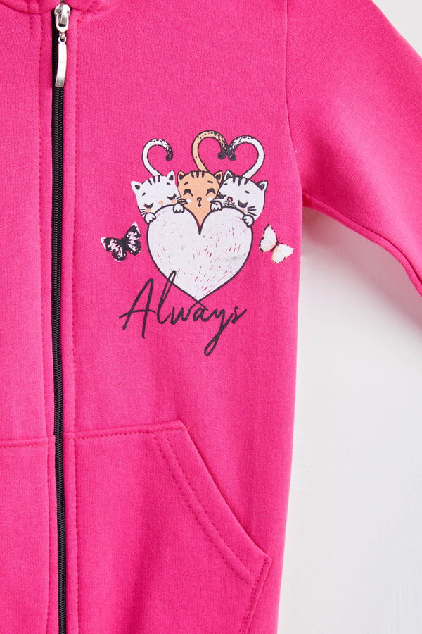 Kız Çocuk Fuşya Baskılı Kapşonlu sweatshirt - 24254 FUŞYA