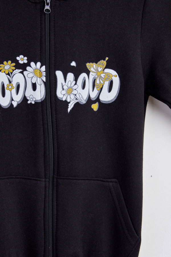 Kız Çocuk Siyah Baskılı Kapşonlu sweatshirt - 24255