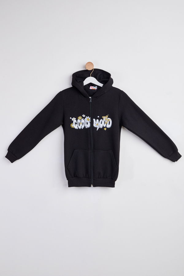 Kız Çocuk Siyah Baskılı Kapşonlu sweatshirt - 24255