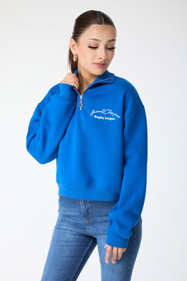 Düz Yarım Balıkçı Yaka Kadın Mavi Yakası Fermuarlı Sweatshirt - 24271